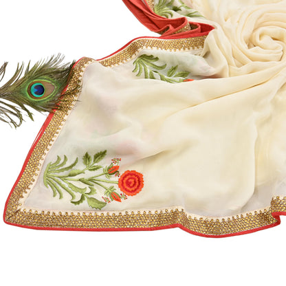 Indian Rare Vintage Zardozi Sarees Ivory Blend Georgette Hand Embroidered Sari Fabric 5.5 Yards Sewing Ethnic saree