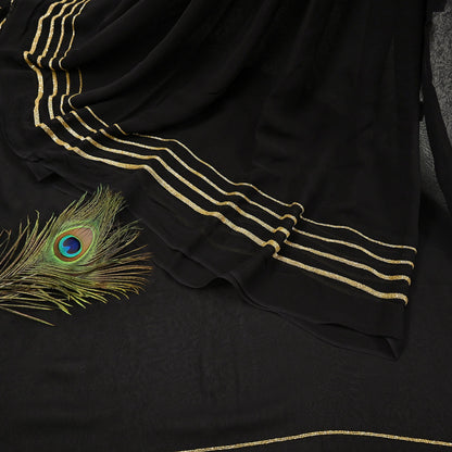 Indian Rare Vintage Black Sarees Blend Georgette Hand Embroidered Sari Fabric 5.5 Yards Sewing Ethnic