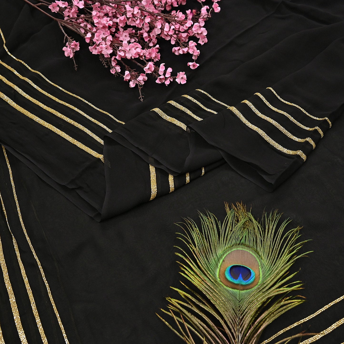 Indian Rare Vintage Black Sarees Blend Georgette Hand Embroidered Sari Fabric 5.5 Yards Sewing Ethnic