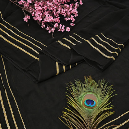 Indian Rare Vintage Black Sarees Blend Georgette Hand Embroidered Sari Fabric 5.5 Yards Sewing Ethnic
