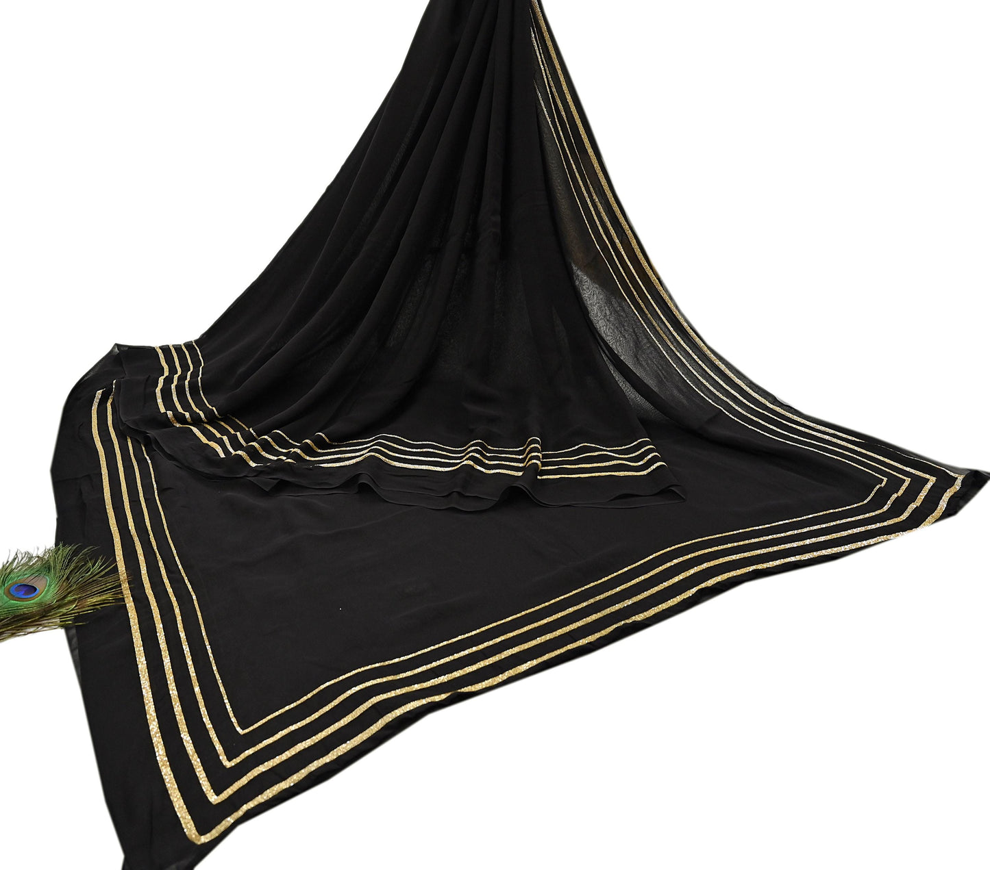 Indian Rare Vintage Black Sarees Blend Georgette Hand Embroidered Sari Fabric 5.5 Yards Sewing Ethnic