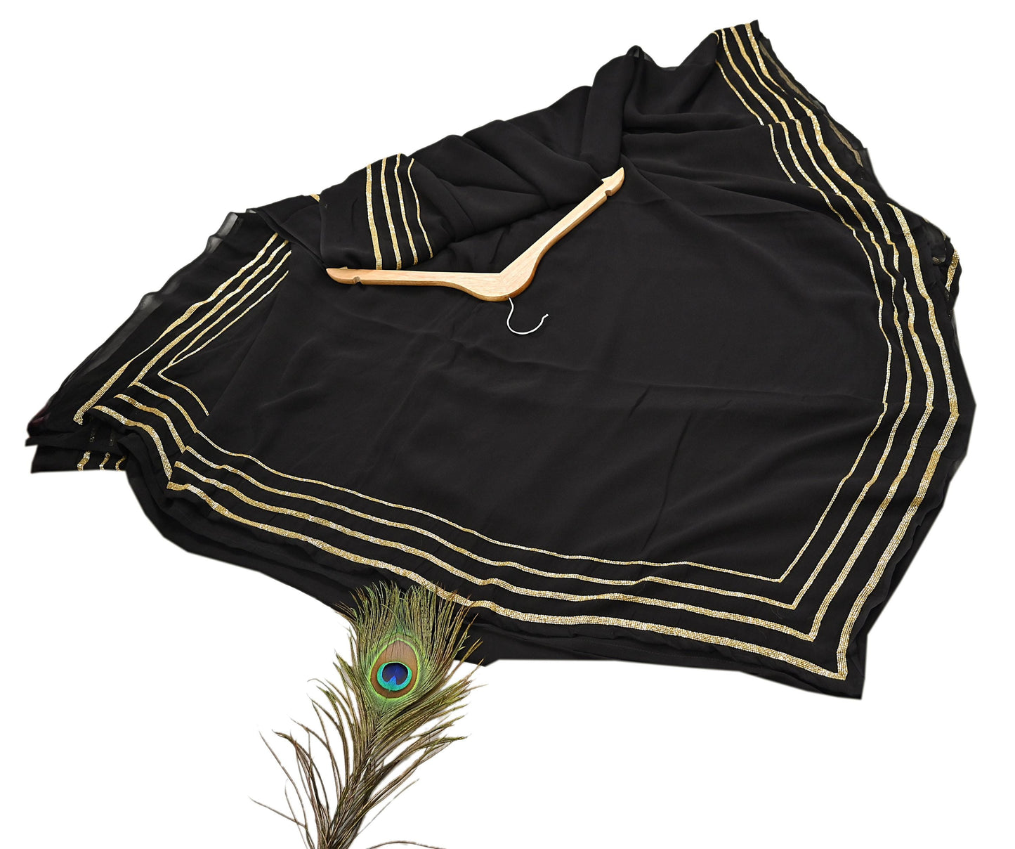 Indian Rare Vintage Black Sarees Blend Georgette Hand Embroidered Sari Fabric 5.5 Yards Sewing Ethnic