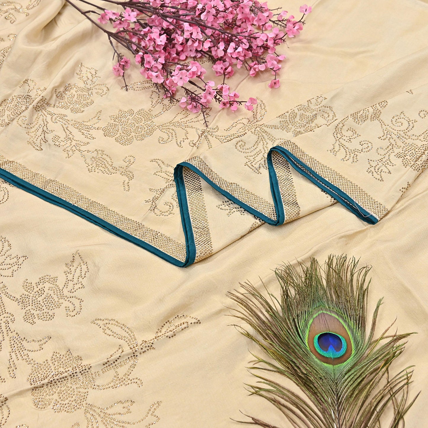 Rare Vintage Golden Beige Pure Silk Saree Hand Embroidered Fabric 5.5 Yards Sari Bollywood Party Wear Ethnic Designer Saree