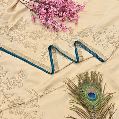 Rare Vintage Golden Beige Pure Silk Saree Hand Embroidered Fabric 5.5 Yards Sari Bollywood Party Wear Ethnic Designer Saree