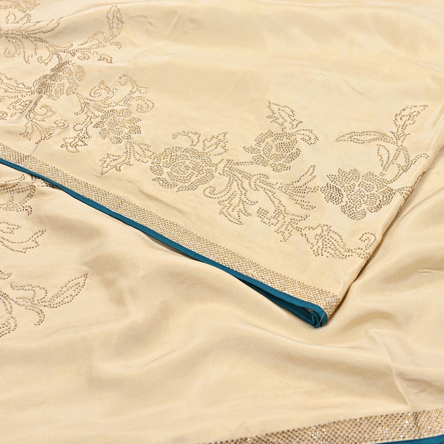 Rare Vintage Golden Beige Pure Silk Saree Hand Embroidered Fabric 5.5 Yards Sari Bollywood Party Wear Ethnic Designer Saree