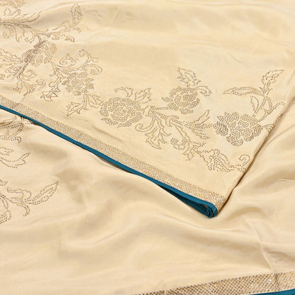 Rare Vintage Golden Beige Pure Silk Saree Hand Embroidered Fabric 5.5 Yards Sari Bollywood Party Wear Ethnic Designer Saree