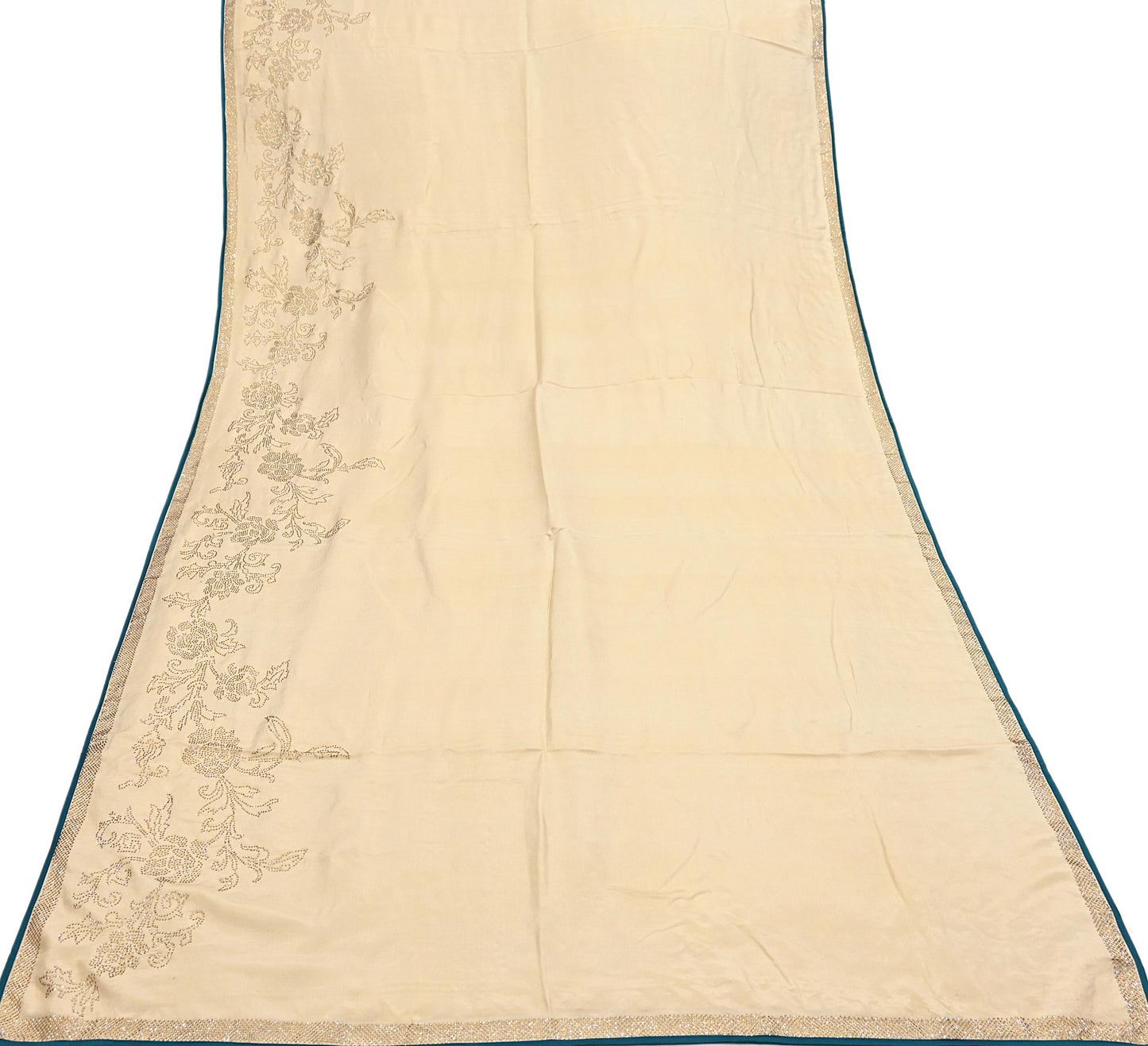Rare Vintage Golden Beige Pure Silk Saree Hand Embroidered Fabric 5.5 Yards Sari Bollywood Party Wear Ethnic Designer Saree