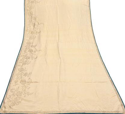 Rare Vintage Golden Beige Pure Silk Saree Hand Embroidered Fabric 5.5 Yards Sari Bollywood Party Wear Ethnic Designer Saree