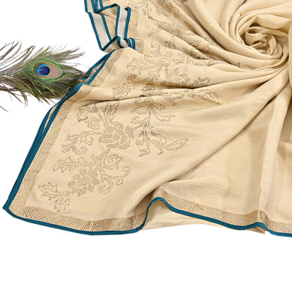Rare Vintage Golden Beige Pure Silk Saree Hand Embroidered Fabric 5.5 Yards Sari Bollywood Party Wear Ethnic Designer Saree