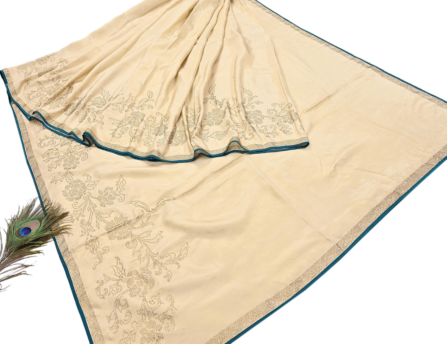 Rare Vintage Golden Beige Pure Silk Saree Hand Embroidered Fabric 5.5 Yards Sari Bollywood Party Wear Ethnic Designer Saree