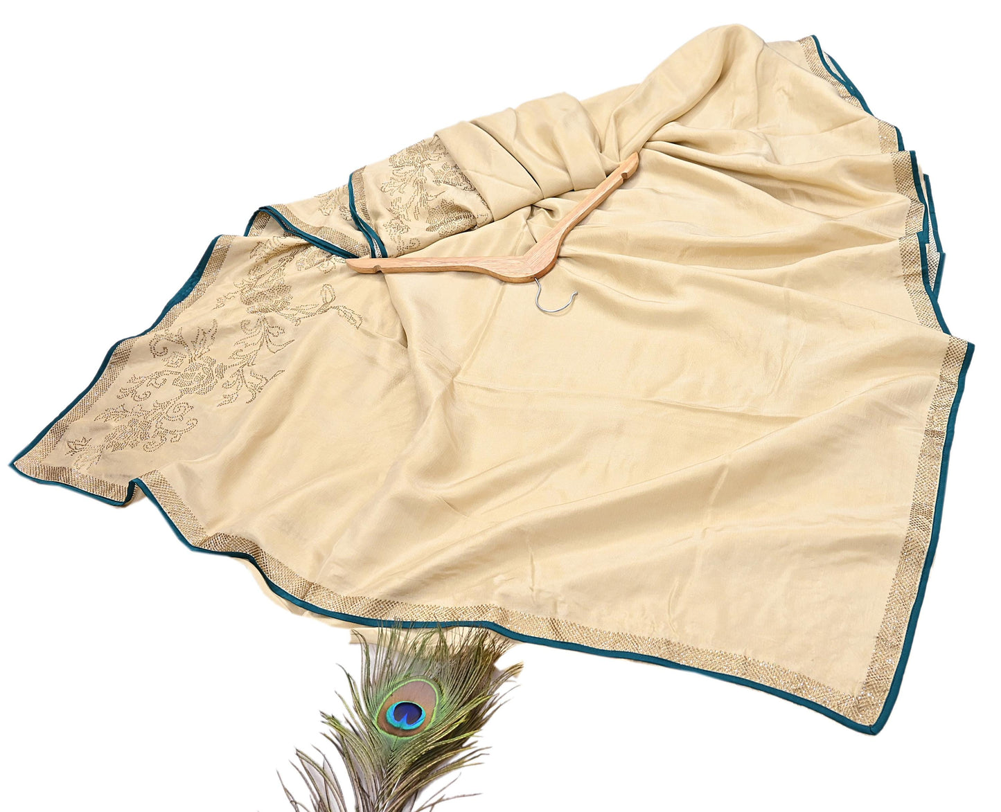 Rare Vintage Golden Beige Pure Silk Saree Hand Embroidered Fabric 5.5 Yards Sari Bollywood Party Wear Ethnic Designer Saree