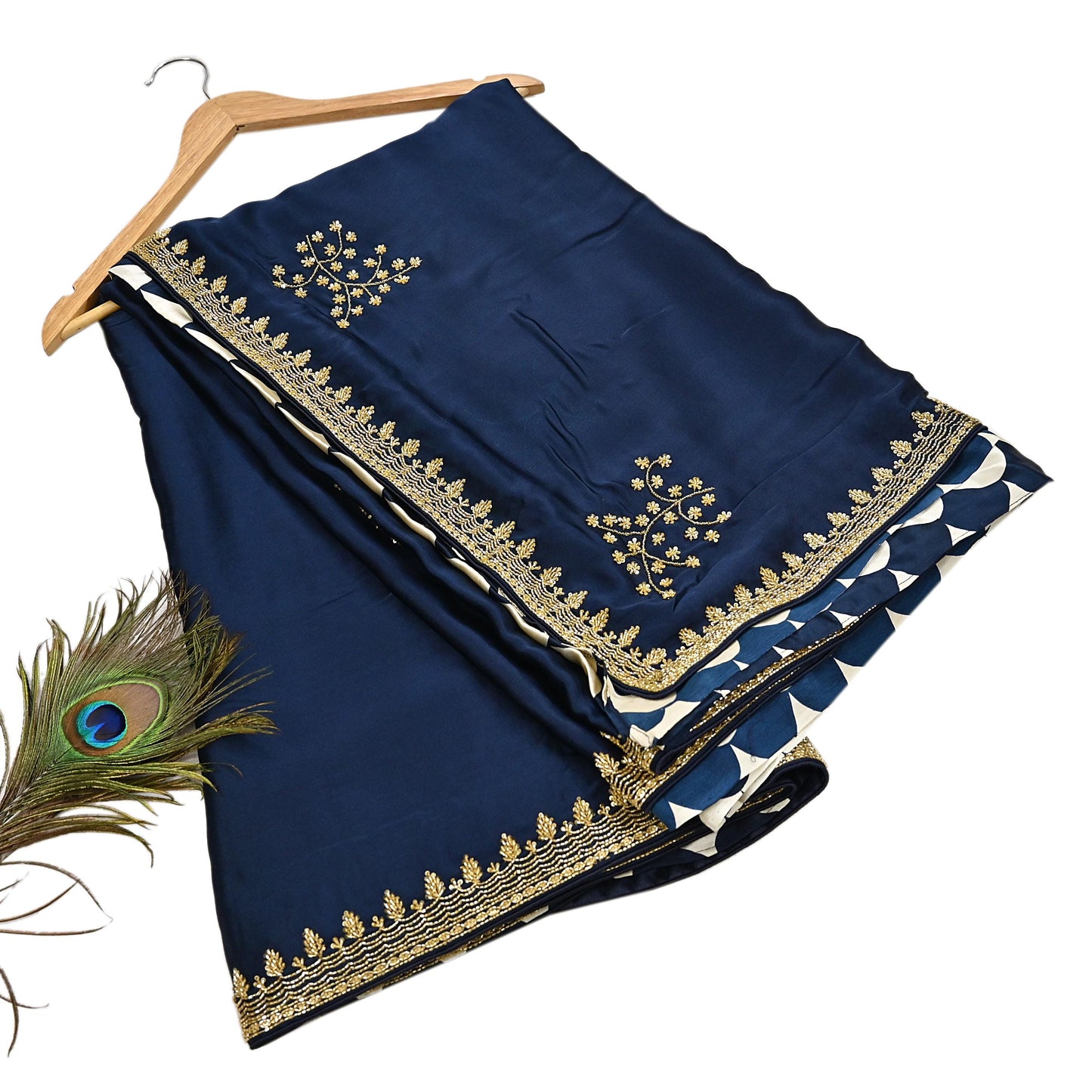 Rare Vintage Blue & Ivory Pure Satin Silk Saree Hand Embroidered Fabric 5.5 Yards Sari Bollywood Party Wear Ethnic Saree