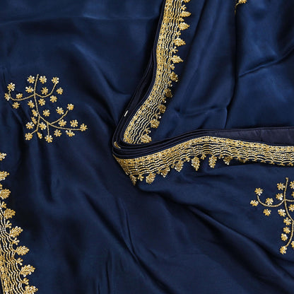 Rare Vintage Blue & Ivory Pure Satin Silk Saree Hand Embroidered Fabric 5.5 Yards Sari Bollywood Party Wear Ethnic Saree