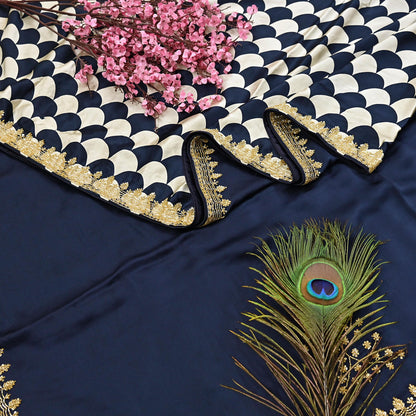 Rare Vintage Blue & Ivory Pure Satin Silk Saree Hand Embroidered Fabric 5.5 Yards Sari Bollywood Party Wear Ethnic Saree