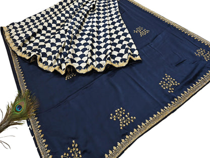 Rare Vintage Blue & Ivory Pure Satin Silk Saree Hand Embroidered Fabric 5.5 Yards Sari Bollywood Party Wear Ethnic Saree