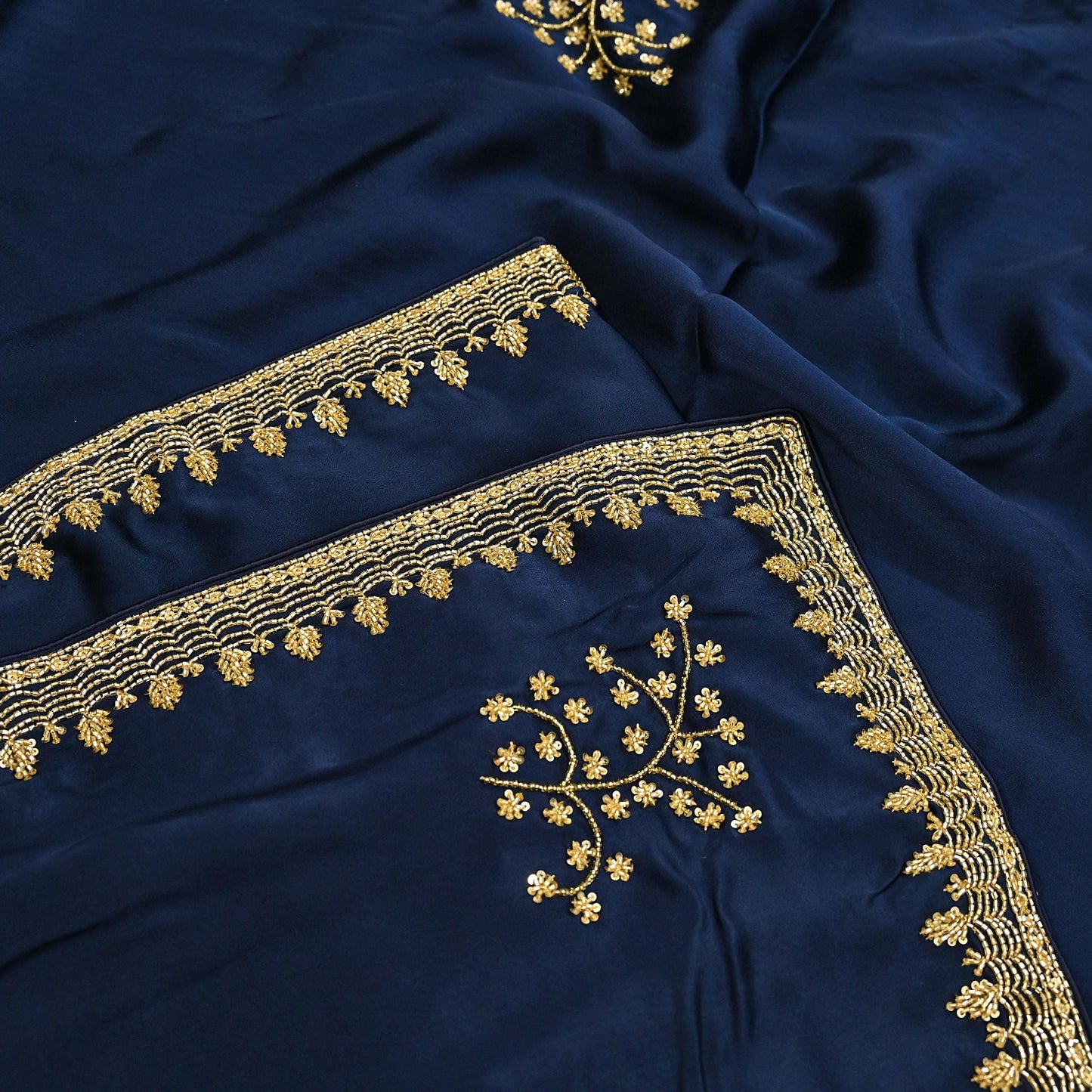 Rare Vintage Blue & Ivory Pure Satin Silk Saree Hand Embroidered Fabric 5.5 Yards Sari Bollywood Party Wear Ethnic Saree