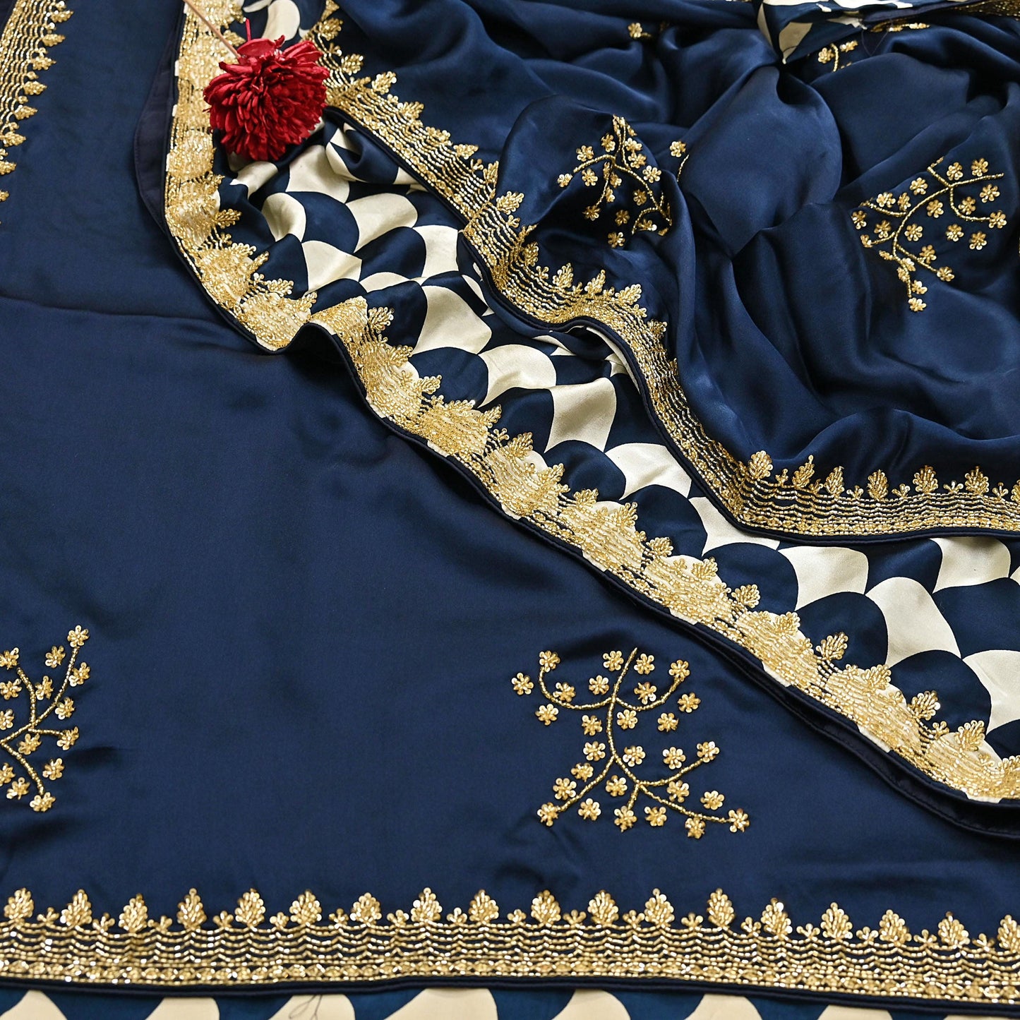Rare Vintage Blue & Ivory Pure Satin Silk Saree Hand Embroidered Fabric 5.5 Yards Sari Bollywood Party Wear Ethnic Saree
