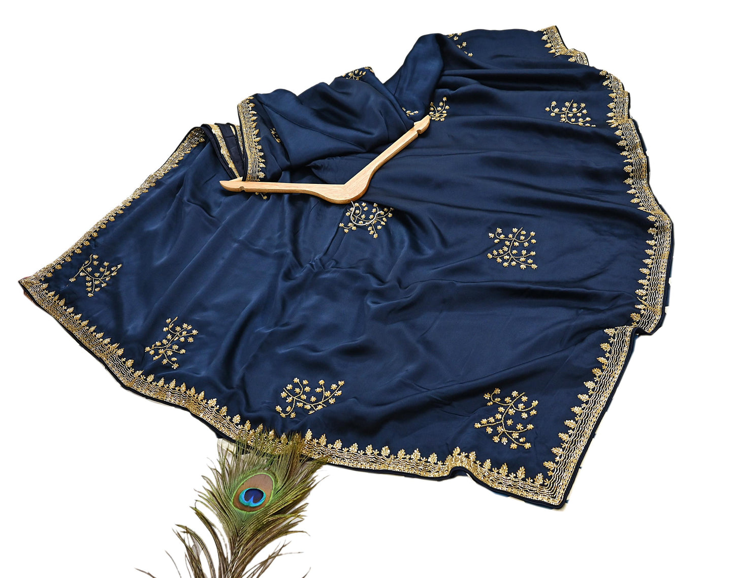 Rare Vintage Blue & Ivory Pure Satin Silk Saree Hand Embroidered Fabric 5.5 Yards Sari Bollywood Party Wear Ethnic Saree