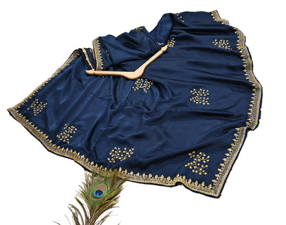 Rare Vintage Blue & Ivory Pure Satin Silk Saree Hand Embroidered Fabric 5.5 Yards Sari Bollywood Party Wear Ethnic Saree