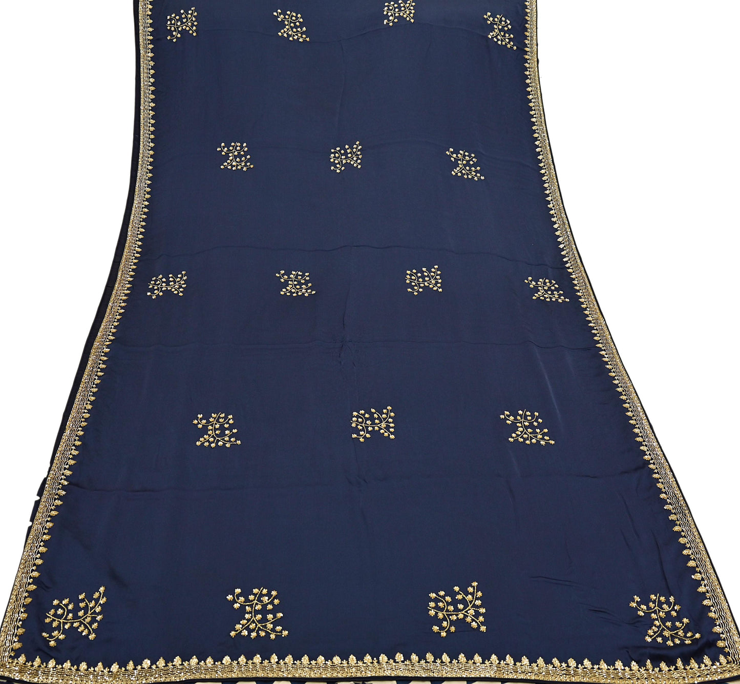 Rare Vintage Blue & Ivory Pure Satin Silk Saree Hand Embroidered Fabric 5.5 Yards Sari Bollywood Party Wear Ethnic Saree