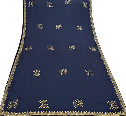 Rare Vintage Blue & Ivory Pure Satin Silk Saree Hand Embroidered Fabric 5.5 Yards Sari Bollywood Party Wear Ethnic Saree