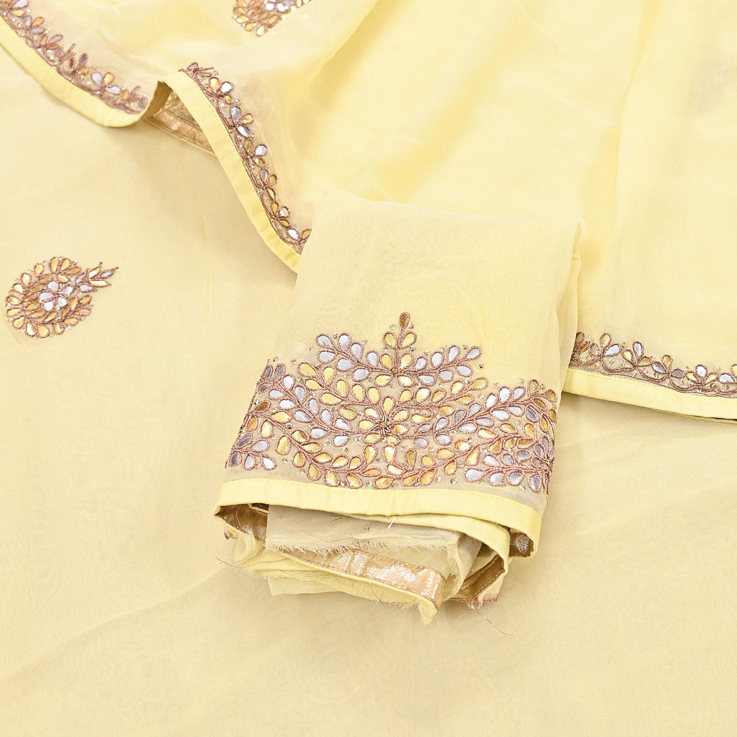 Rare Vintage Yellow Blend Georgette Saree Hand Embroidered Gota Fabric 5 Yard Sari Bollywood Party Wear Ethnic Saree with Blouse Fabric