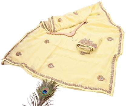 Rare Vintage Yellow Blend Georgette Saree Hand Embroidered Gota Fabric 5 Yard Sari Bollywood Party Wear Ethnic Saree with Blouse Fabric