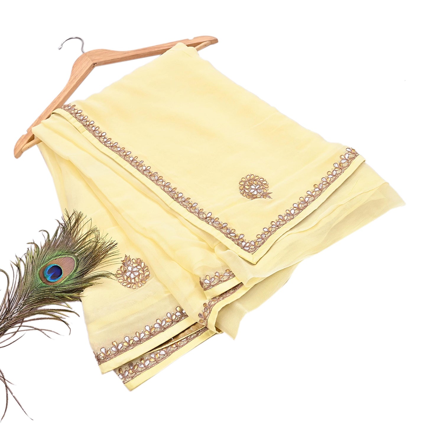 Rare Vintage Yellow Blend Georgette Saree Hand Embroidered Gota Fabric 5 Yard Sari Bollywood Party Wear Ethnic Saree with Blouse Fabric