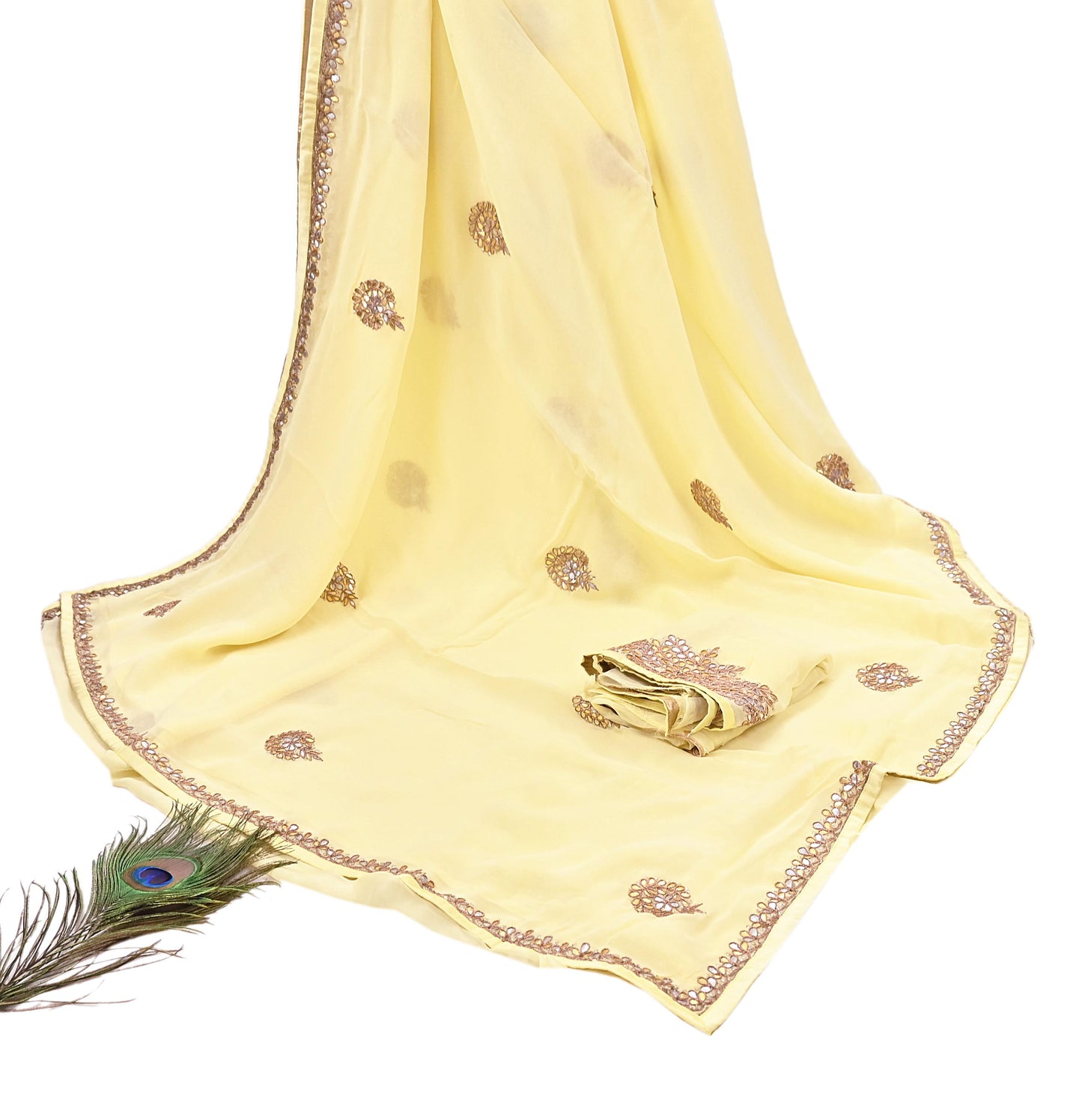 Rare Vintage Yellow Blend Georgette Saree Hand Embroidered Gota Fabric 5 Yard Sari Bollywood Party Wear Ethnic Saree with Blouse Fabric