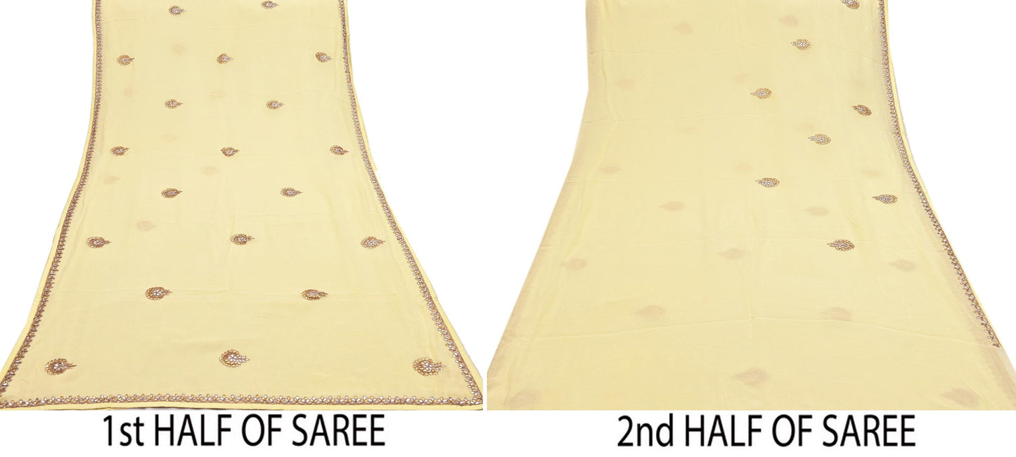 Rare Vintage Yellow Blend Georgette Saree Hand Embroidered Gota Fabric 5 Yard Sari Bollywood Party Wear Ethnic Saree with Blouse Fabric