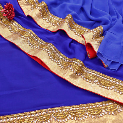 Rare Vintage Shades Of Blue Pure Georgette Silk Saree Hand Embroidered Fabric 5.5 Yards Sari Bollywood Party Wear Ethnic Designer Saree