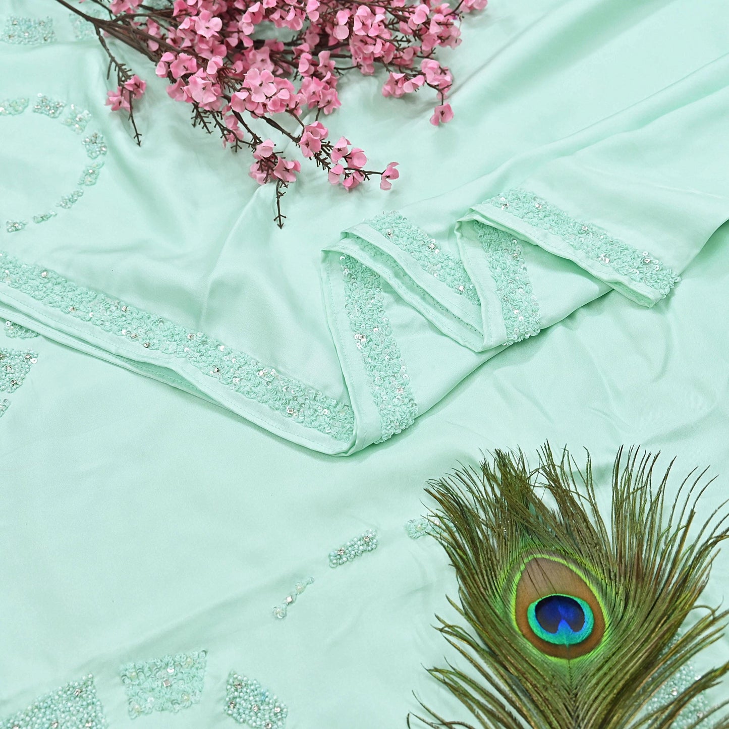 Rare Vintage Green Pure Silk Saree Hand Beaded Abu Jani Designer Sari 5.5 Yards Bollywood Party Wear Ethnic
