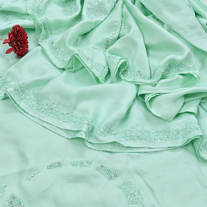Rare Vintage Green Pure Silk Saree Hand Beaded Abu Jani Designer Sari 5.5 Yards Bollywood Party Wear Ethnic
