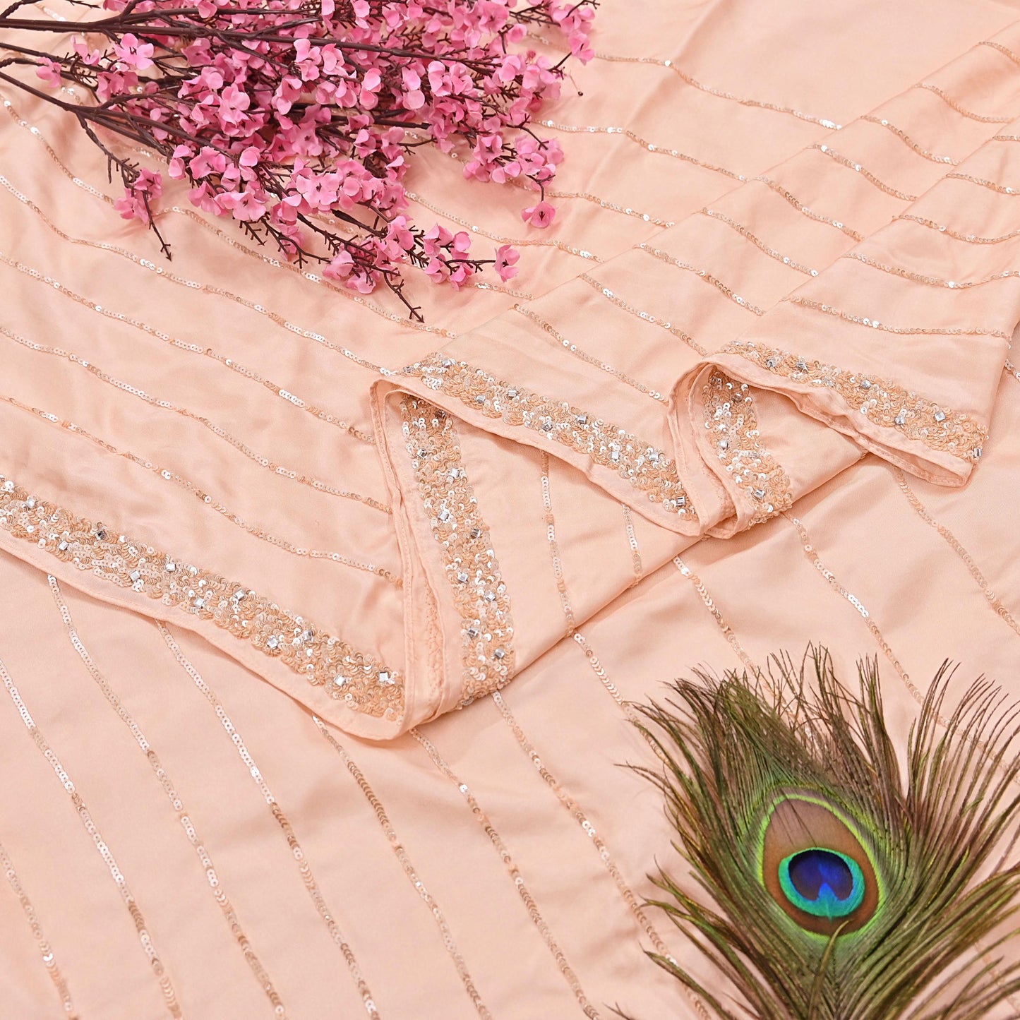 Rare Vintage Peach Pure Silk Saree Hand Beaded Abu Jani Designer Sari 5.5 Yards Bollywood Party Wear Ethnic