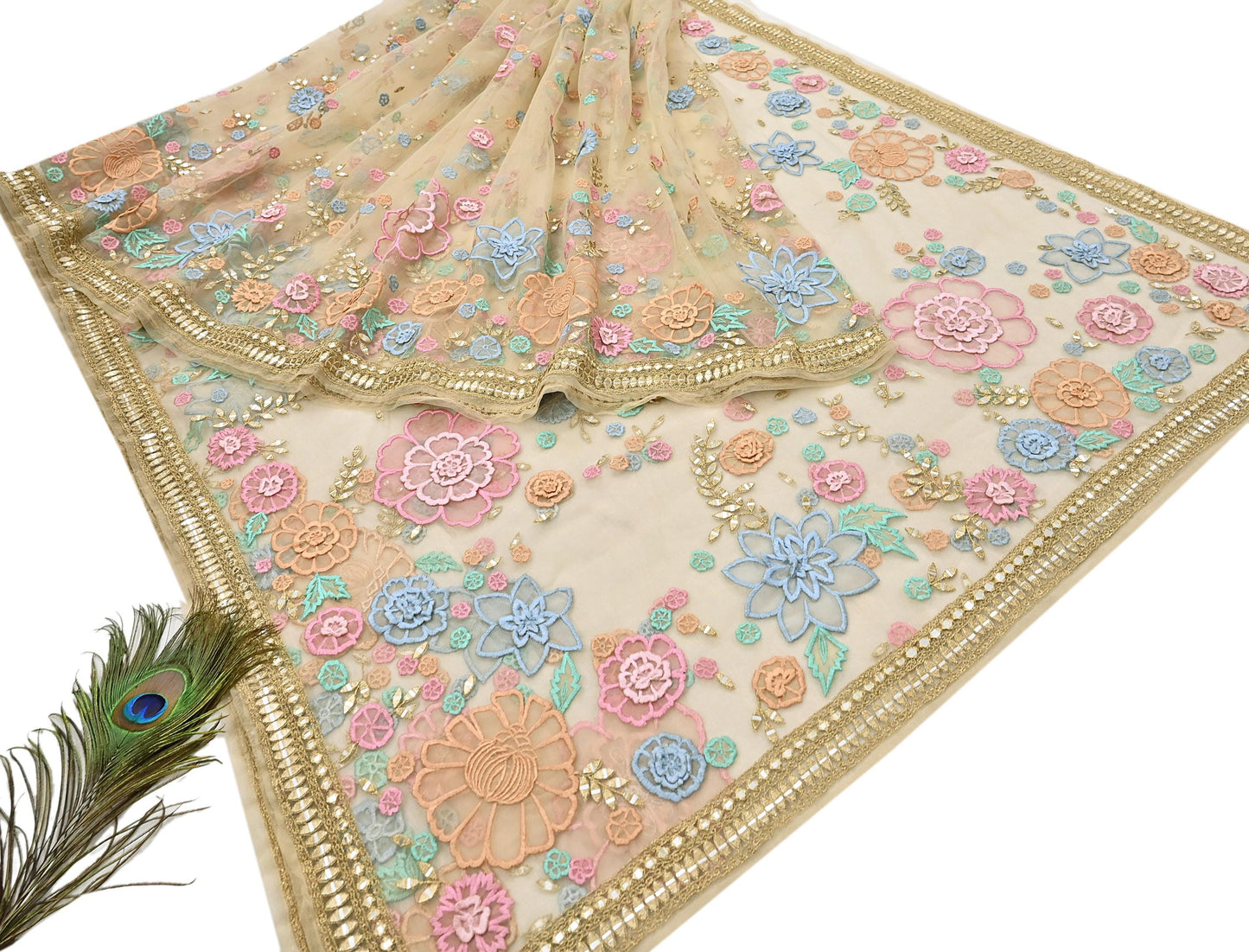 Rare Vintage Beige Net Saree Hand Beaded Abu Jani Designer Sari 6 Yards Bollywood Party Wear Ethnic mirror work