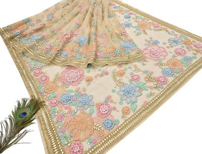 Rare Vintage Beige Net Saree Hand Beaded Abu Jani Designer Sari 6 Yards Bollywood Party Wear Ethnic mirror work