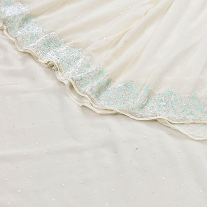 Rare Vintage White Pure Georgette Silk Saree Hand Beaded Abu Jani Designer Sari 6 Yards Bollywood Party Wear Ethnic