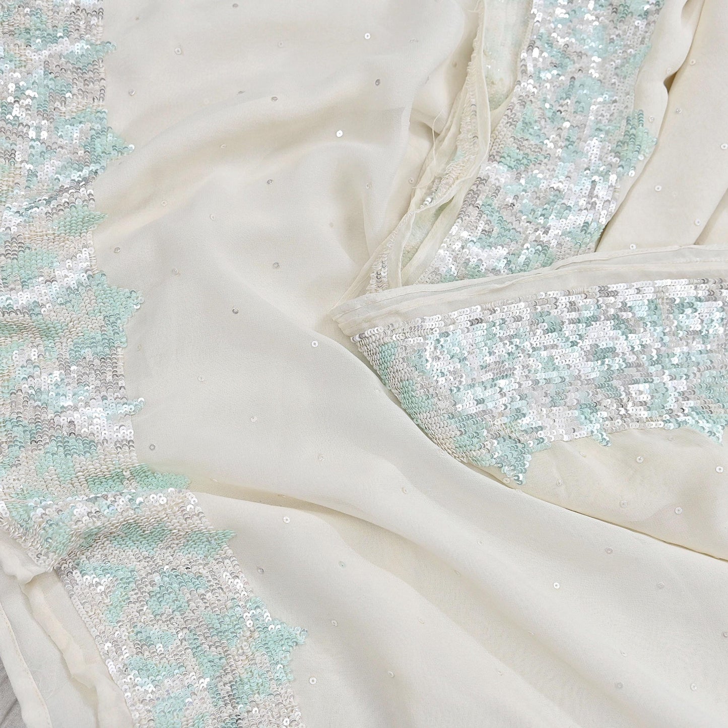 Rare Vintage White Pure Georgette Silk Saree Hand Beaded Abu Jani Designer Sari 6 Yards Bollywood Party Wear Ethnic