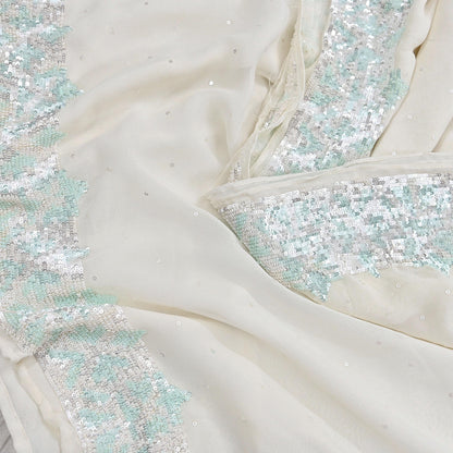 Rare Vintage White Pure Georgette Silk Saree Hand Beaded Abu Jani Designer Sari 6 Yards Bollywood Party Wear Ethnic