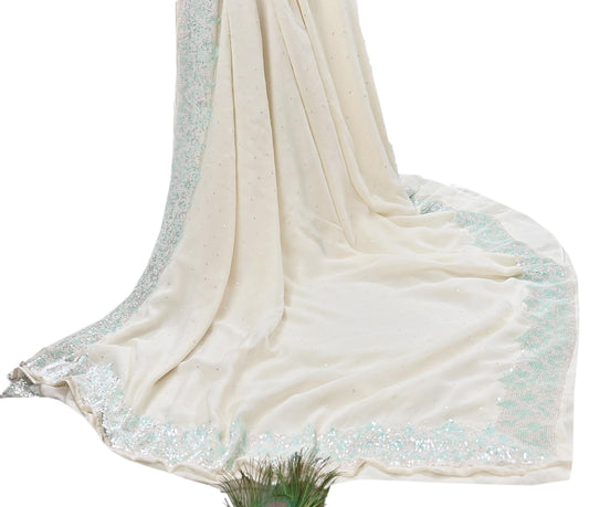 Rare Vintage White Pure Georgette Silk Saree Hand Beaded Abu Jani Designer Sari 6 Yards Bollywood Party Wear Ethnic