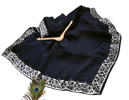 Rare Vintage Deep Blue Pure Organza Silk Saree Zardozi Hand Embroidered Designer Abu Jani Sari 5.5 Yard Bollywood Party Wear