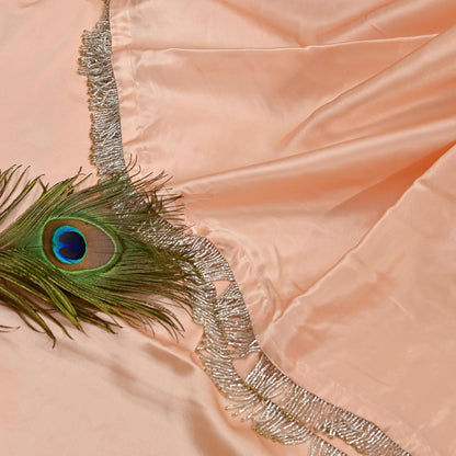 Rare Vintage Peach Pure Satin Silk Saree Hand Embroidered Fabric 5.5 Yards Sari Bollywood Party Wear Ethnic Saree