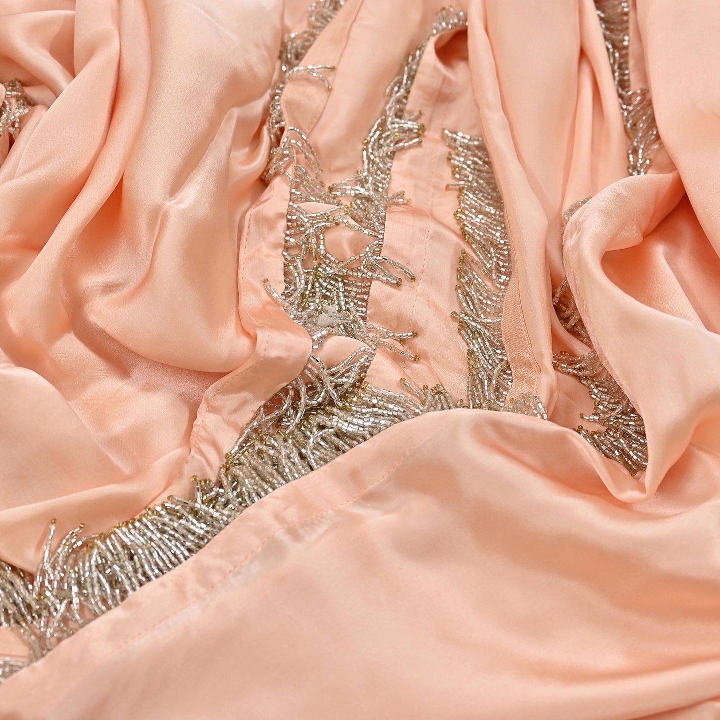 Rare Vintage Peach Pure Satin Silk Saree Hand Embroidered Fabric 5.5 Yards Sari Bollywood Party Wear Ethnic Saree