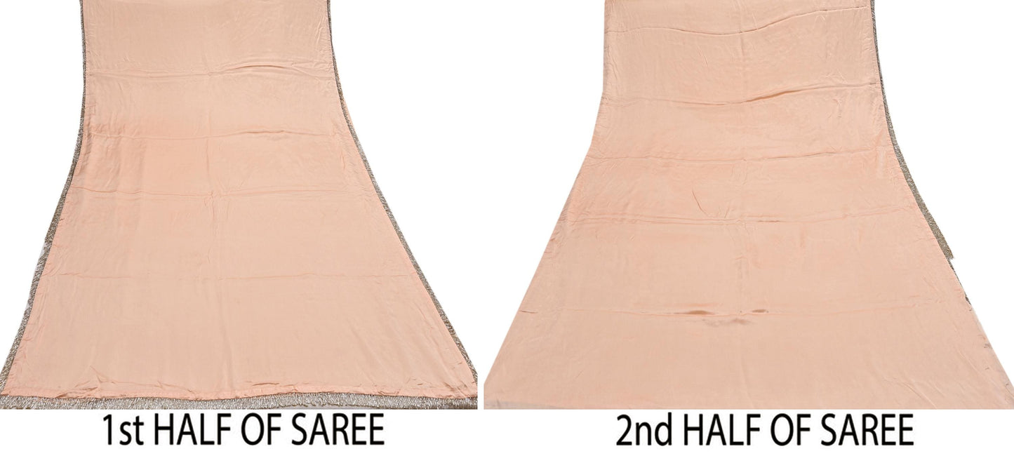 Rare Vintage Peach Pure Satin Silk Saree Hand Embroidered Fabric 5.5 Yards Sari Bollywood Party Wear Ethnic Saree