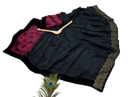Rare Vintage Black Georgette & Satin Silk Saree Embroidered Fabric 6 Yard Sari Bollywood Party Wear Saree