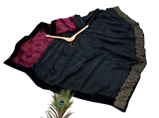 Rare Vintage Black Georgette & Satin Silk Saree Embroidered Fabric 6 Yard Sari Bollywood Party Wear Saree