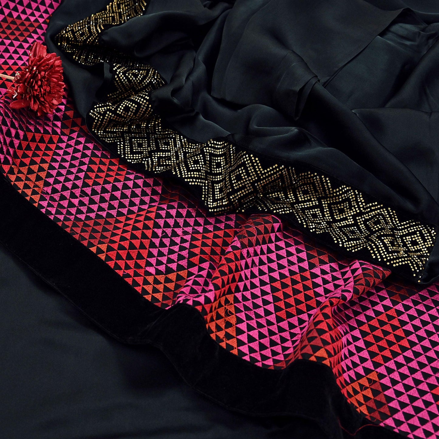 Rare Vintage Black Georgette & Satin Silk Saree Embroidered Fabric 6 Yard Sari Bollywood Party Wear Saree