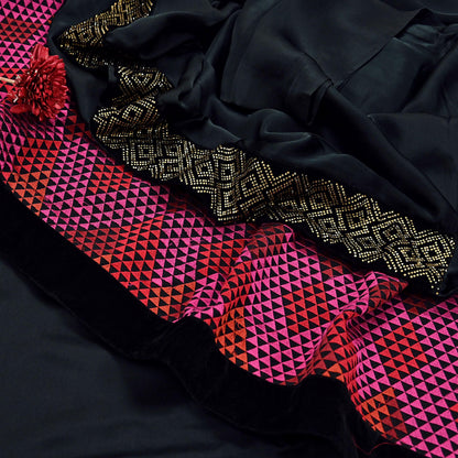 Rare Vintage Black Georgette & Satin Silk Saree Embroidered Fabric 6 Yard Sari Bollywood Party Wear Saree