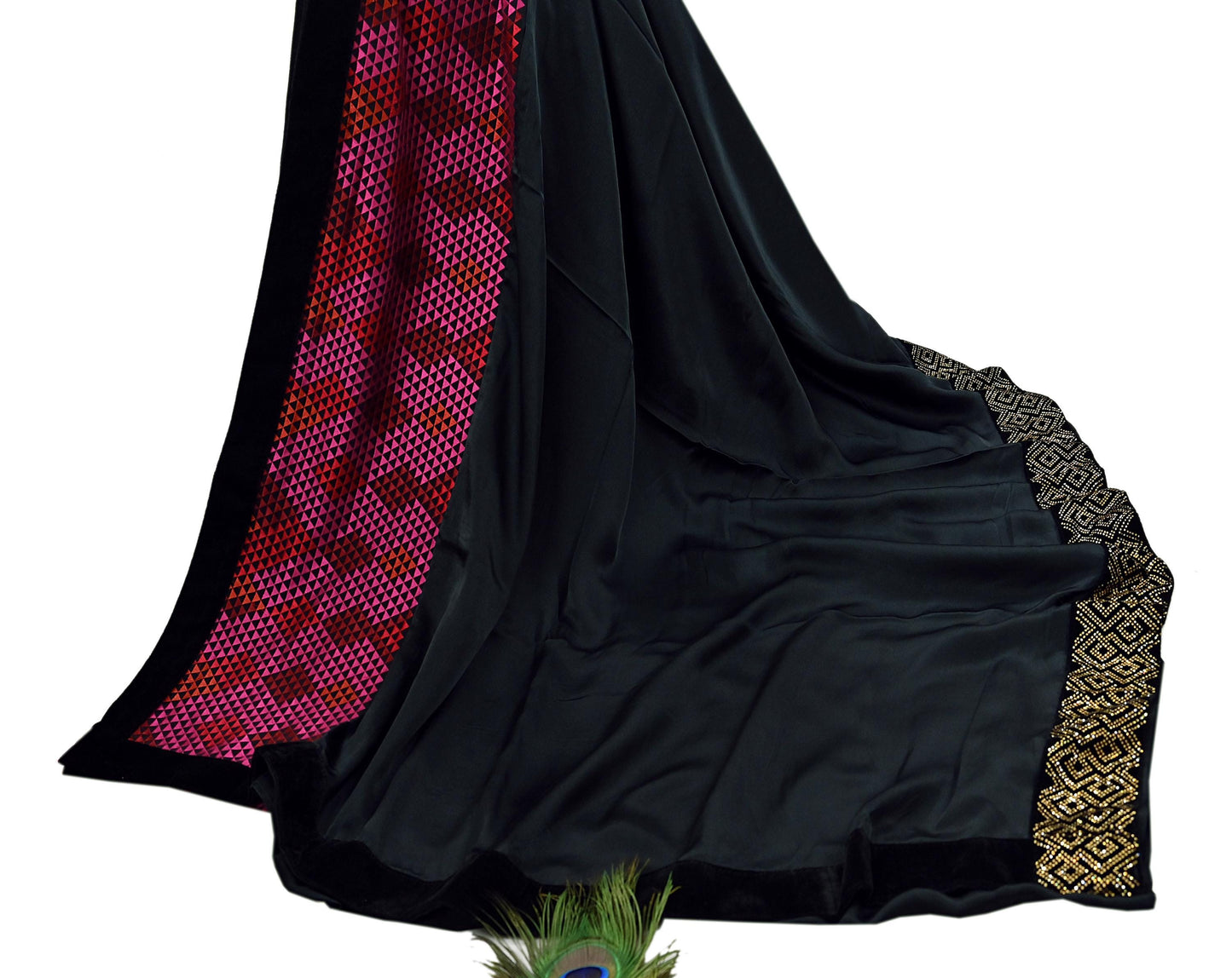 Rare Vintage Black Georgette & Satin Silk Saree Embroidered Fabric 6 Yard Sari Bollywood Party Wear Saree