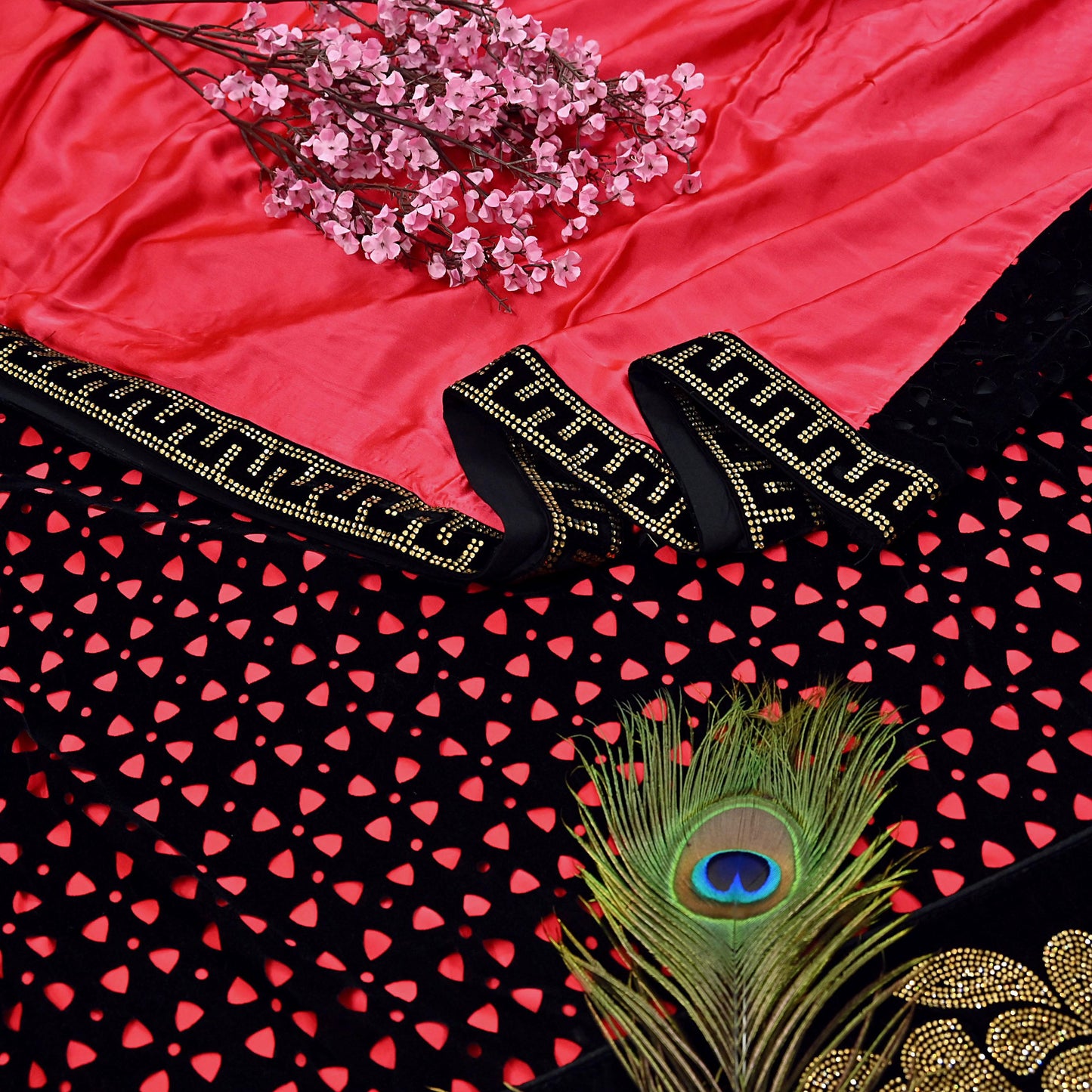 Rare Vintage Black Peach Velvet & Satin Silk Saree Embroidered Fabric 6 Yard Sari Bollywood Party Wear Saree